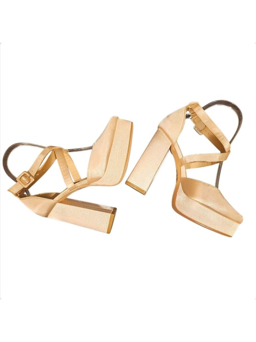 Block Heel Satin Platform Shoes With Cross-Strap Design Elegant Champagne Evenin - Picture 11 of 14
